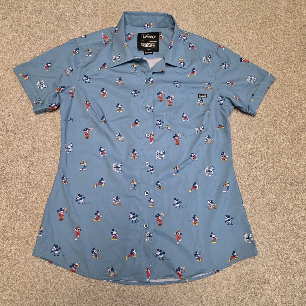 RSVLTS Disney100 Mickey Mouse Womens Shirt Medium Button Up Blue All Over Print